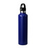 A drink bottle in navy blue stainless steel with a black lid and a logo on the side.