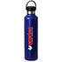A drink bottle in navy blue stainless steel, featuring a black cap and a logo on the side.
