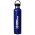 A drink bottle in navy blue stainless steel with a black lid and a logo on the side.
