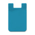 A turquoise silicone phone wallet featuring a curved design and a slot for cards. Includes a branding logo.