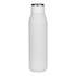A drink bottle in matte white finish with a metallic loop, featuring a sleek design and a logo.