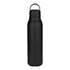 A drink bottle in matte black, featuring a metal loop and a sleek design, suitable for beverages.