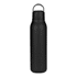 A drink bottle in matte black, featuring a metal loop and a sleek design, suitable for beverages.