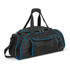 A black duffle bag with blue accents, featuring multiple compartments and handles for easy carrying.