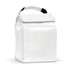 A white cooler bag with a handle, featuring a simple, structured design and a flap closure. It has a logo on the front.