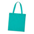A turquoise cotton tote bag with two handles and a simple design. It features a logo on one side.