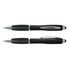 A black stylus pen with silver accents, featuring a logo, positioned at two angles.