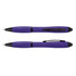 A purple stylus pen with a glossy finish, featuring a black clip and tip. The pen includes both ballpoint and stylus functionality.