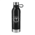 A drink bottle featuring a black stainless steel body and a silver base, with a logo on the front.