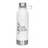A drink bottle in white stainless steel with a silver lid and a logo featuring a surfboard design.