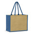 A jute tote bag featuring a natural beige body and blue handles, with a simple design and a logo on the front.