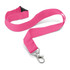 A pink lanyard with a clip and an adjustable buckle. Features a branding logo.