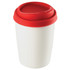 A ceramic mug with a white body and a red silicone lid, featuring a logo.