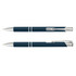 A metal pen featuring a sleek navy blue design with silver accents and a clip. It includes a logo.