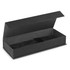 A black pen box with a soft interior and a removable lid, featuring a closure strap.
