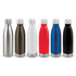 A drink bottle collection featuring stainless steel, brown, white, red, blue, and black finishes, each with a metallic cap.