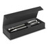 A sleek black gift box containing a pair of silver and carbon fibre pens with a secure band.