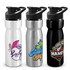 A drink bottle collection featuring white, silver, and black options, each with distinct logos and snap cap lids.