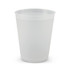 A drink cup in translucent white plastic, featuring a simple design and rounded base. Includes a branding logo.