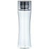 A drink bottle in clear plastic with a silver lid, featuring a sleek, modern design and a logo.