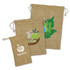 A medium-sized jute gift bag in natural brown, featuring drawstring closures and various printed designs.