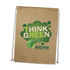 A jute drawstring backpack featuring the slogan "THINK GREEN" and a globe graphic, promoting environmental protection.