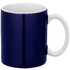 A ceramic mug in navy blue with a white handle and a glossy finish. Features a logo.