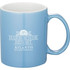 A blue ceramic mug with a handle and a logo printed on its side, featuring a white interior.