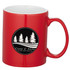 A red ceramic mug with a white interior and a logo featuring trees. Ideal for coffee or tea.
