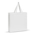 A white cotton tote bag with long handles and a simple design. It features a logo on one side.