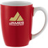 A red ceramic mug with a white handle, featuring a logo on the front. Holds 350ml.