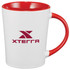 A coffee mug with a white body and a red handle and interior, featuring a logo on the side.