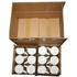 Several ceramic mugs arranged neatly in cardboard boxes, showcasing a simple white design with a logo.