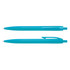 Two turquoise plastic pens with a smooth surface and click mechanism, featuring a simple design and a branding logo.