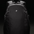 A black outdoor backpack with a logo, featuring adjusters and mesh side pockets.
