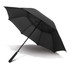 A black umbrella with a sleek design and a sturdy handle, featuring a logo on the canopy.