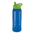 A drink bottle in bright blue with a green lid and a straw, featuring a textured grip and a logo.