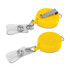 A yellow retractable ID holder with a metal clip and clear strap, featuring two units stacked together.