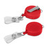 A red retractable ID holder featuring a clip for attachment and a clear strap for securing identification cards.