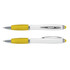 A stylus pen with a white barrel and yellow accents, featuring a sleek design and chrome details.