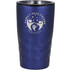A drink bottle in blue with a textured design and a lid, featuring a logo on the front.