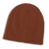 A Nebraska Cable Knit Beanie in a rich brown color with a ribbed texture.