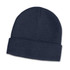 A navy wool blend beanie with a folded cuff and a plain design. It features a logo on one side.