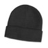 A dark grey wool blend beanie featuring a fold-over cuff and a simple design. It has a logo on the side.