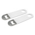 A drink bottle opener set featuring two small white openers with a stainless steel end for easy bottle opening.