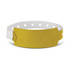 A yellow plastic event wristband with a secure fastening system and multiple holes for size adjustments.