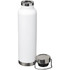 A drink bottle in white with a stainless steel base and lid, featuring a sleek design and a logo.