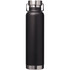 A drink bottle in matte black finish with stainless steel accents and a secure lid. Features a logo.