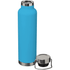 A drink bottle in bright blue with a stainless steel base and a silver screw-on lid. It features a logo.