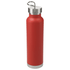 A drink bottle in vibrant red with a stainless steel cap and base, featuring a loop for easy carrying.